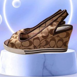 COACH Sydney Signature Brown Sz 8½ M 8.5 Peep Toe Sling Back Wedge Sandals Shoes